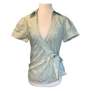 H&M Poplin Pinstripe Wrap Top Green White Knit Short Sleeve V-Neck Blouse 6